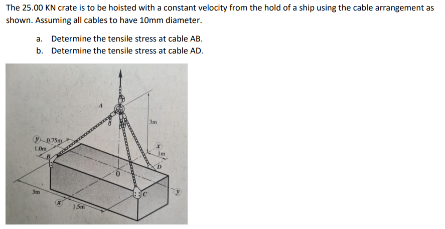 The 25.00 KN crate is to be hoisted with a constant velocity from the hold of a ship using the cable arrangement as
shown. Assuming all cables to have 10mm diameter.
a. Determine the tensile stress at cable AB.
b. Determine the tensile stress at cable AD.
3m
0.75m
1.0m
Im
3m
15m
