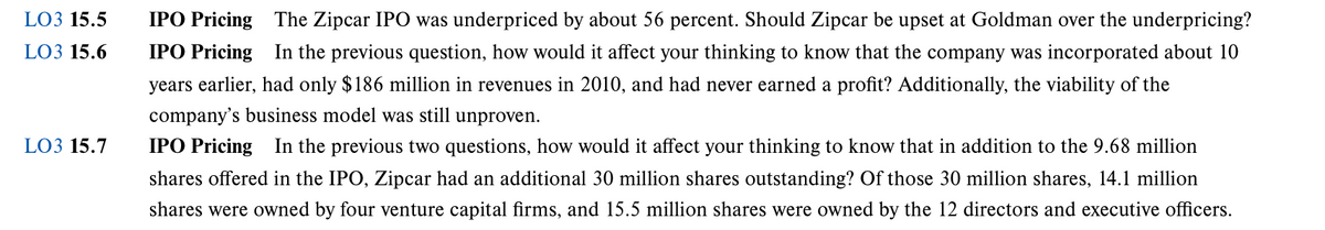 LO3 15.5
IPO Pricing The Zipcar IPO was underpriced by about 56 percent. Should Zipcar be upset at Goldman over the underpricing?
LO3 15.6
IPO Pricing In the previous question, how would it affect your thinking to know that the company was incorporated about 10
years earlier, had only $186 million in revenues in 2010, and had never earned a profit? Additionally, the viability of the
company's business model was still unproven.
LO3 15.7
IPO Pricing In the previous two questions, how would it affect your thinking to know that in addition to the 9.68 million
shares offered in the IPO, Zipcar had an additional 30 million shares outstanding? Of those 30 million shares, 14.1 million
shares were owned by four venture capital firms, and 15.5 million shares were owned by the 12 directors and executive officers.
