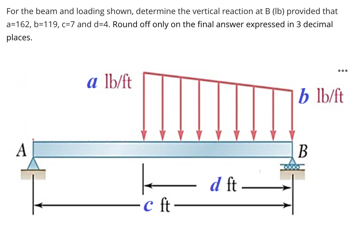 For the beam and loading shown, determine the vertical reaction at B (Ib) provided that
a=162, b=119, c=7 and d=4. Round off only on the final answer expressed in 3 decimal
places.
a lb/ft
b lb/ft
A
В
- d ft
c ft-
