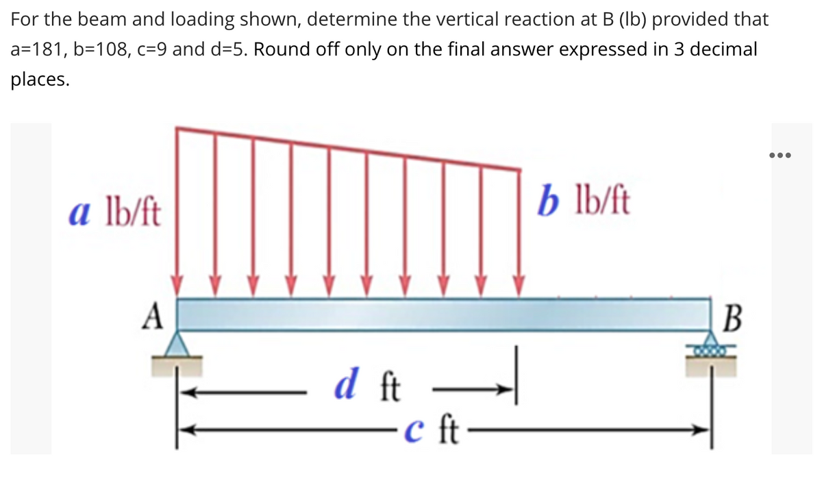 For the beam and loading shown, determine the vertical reaction at B (Ib) provided that
a=181, b=108, c=9 and d=5. Round off only on the final answer expressed in 3 decimal
places.
a lb/ft
b lb/ft
А
В
d ft
c ft–

