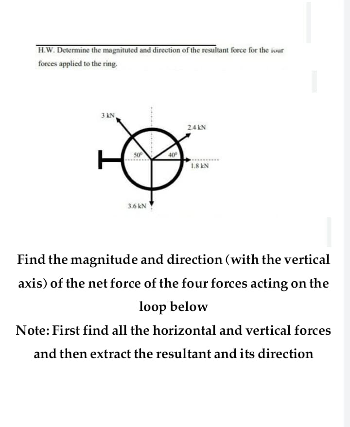 H.W. Determine the magnituted and direction of the resultant force for the iour
forces applied to the ring.
3 kN,
2.4 kN
50
40
1.8 kN
3.6 kN
Find the magnitude and direction (with the vertical
axis) of the net force of the four forces acting on the
loop below
Note: First find all the horizontal and vertical forces
and then extract the resultant and its direction
