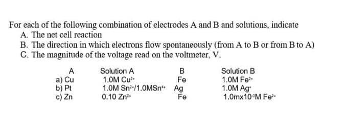 For each of the following combination of electrodes A and B and solutions, indicate
A. The net cell reaction
B. The direction in which electrons flow spontaneously (from A to B or from B to A)
C. The magnitude of the voltage read on the voltmeter, V.
Solution A
1.0M Cư
1.0M Sn-/1.0MSn Ag
0.10 Zn
B
Fe
A
a) Cu
b) Pt
c) Zn
Solution B
1.0M Fe
1.0M Ag
1.0mx10 M Fe
Fe
