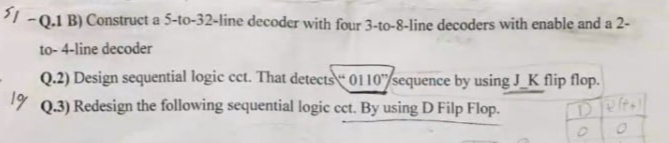 -Q.1 B) Construct a 5-to-32-line decoder with four 3-to-8-line decoders with enable and a 2-
to- 4-line decoder
Q.2) Design sequential logic cct. That detects 0110"/sequence by using J_K flip flop.
19 Q.3) Redesign the following sequential logic cet. By using D Filp Flop.
Defta
