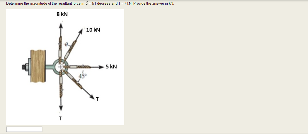 Determine the magnitude of the resultant force in 0 = 51 degrees and T =7 kN. Provide the answer in kN.
8 kN
10 kN
5 kN
