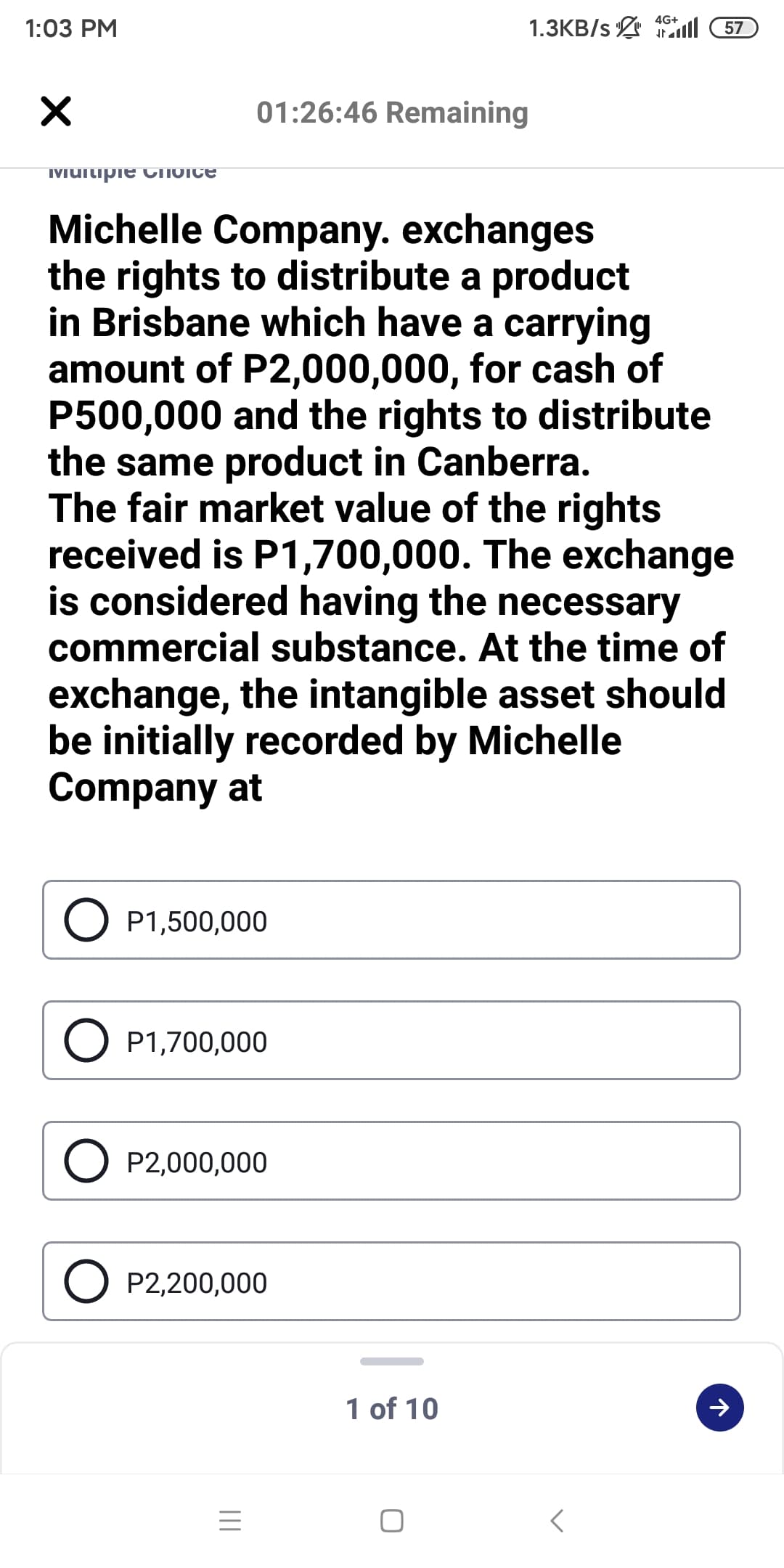 4G+
1:03 PM
1.3KB/s ll 57
01:26:46 Remaining
MMUltipie CTIOICE
Michelle Company. exchanges
the rights to distribute a product
in Brisbane which have a carrying
amount of P2,000,000, for cash of
P500,000 and the rights to distribute
the same product in Canberra.
The fair market value of the rights
received is P1,700,000. The exchange
is considered having the necessary
commercial substance. At the time of
exchange, the intangible asset should
be initially recorded by Michelle
Company at
P1,500,000
O P1,700,000
O P2,000,000
O P2,200,000
1 of 10
