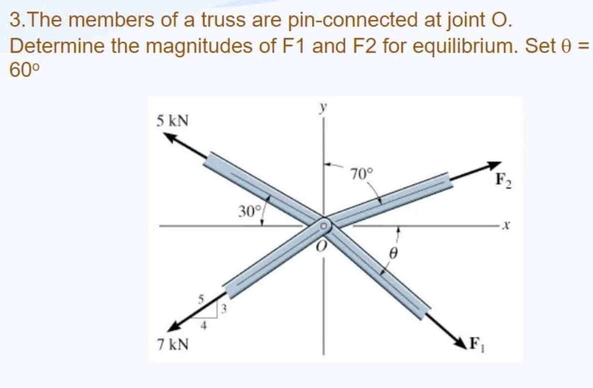 3. The members of a truss are pin-connected at joint O.
Determine the magnitudes of F1 and F2 for equilibrium. Set 0 =
60⁰
5 kN
70°
F₂
30°
7 kN
F₁