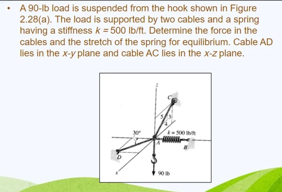●
A 90-lb load is suspended from the hook shown in Figure
2.28(a). The load is supported by two cables and a spring
having a stiffness k = 500 lb/ft. Determine the force in the
cables and the stretch of the spring for equilibrium. Cable AD
lies in the x-y plane and cable AC lies in the x-z plane.
30°
k= 500 lb/ft
90 lb