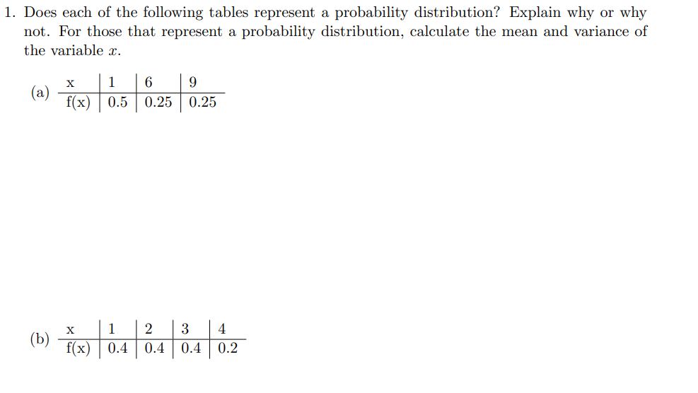 1. Does each of the following tables represent a probability distribution? Explain why or why
not. For those that represent a probability distribution, calculate the mean and variance of
the variable x.
1
9
(a)
f(x) | 0.5
0.25
0.25
1
2
(b)
f(x) | 0.4
0.4
0.4
0.2
