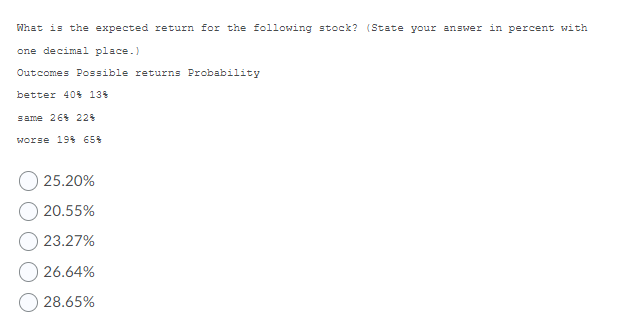 What is the expected return for the following stock? (State your answer in percent with
one decimal place.)
Outcomes Possible returns Probability
better 40% 134
same 26% 224
worse 19 654
25.20%
20.55%
O 23.27%
O 26.64%
28.65%
