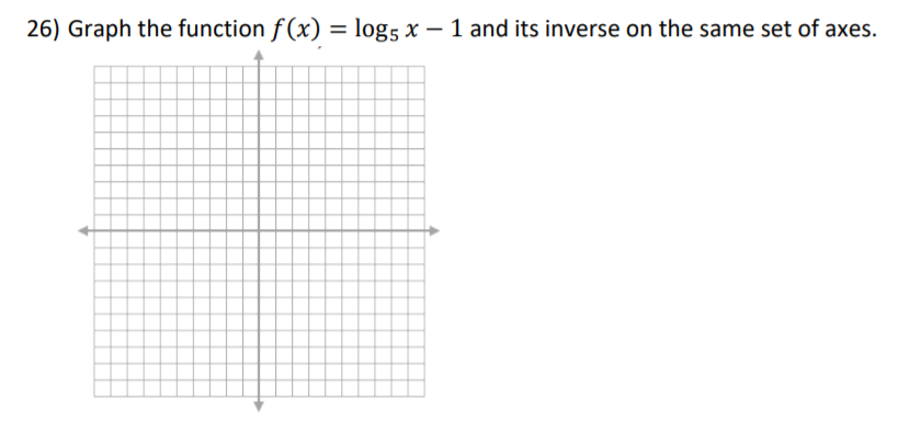 26) Graph the function f (x) = log5 x – 1 and its inverse on the same set of axes.

