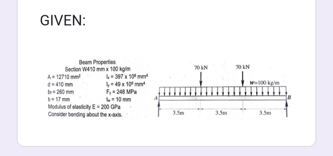 GIVEN:
Beam Properties
Section W410 mm x 100 kg/m
A = 12710 mm²
d = 410 mm
Ix=397 x 106 mm4
ly = 49 x 106 mm4
Fy=248 MPa
tw = 10 mm
b = 260 mm
tr = 17 mm
Modulus of elasticity E = 200 GPa
Consider bending about the x-axis.
3.5m
70 kN
3.5m
70 kN
W=100 kg/m
3.5m
B