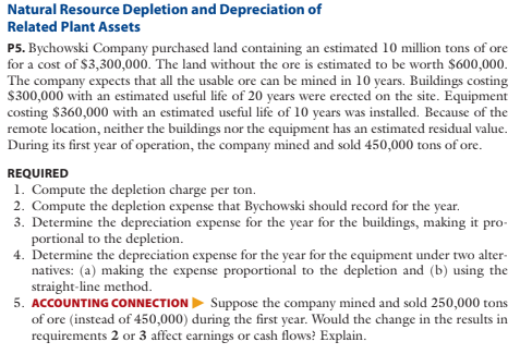 Natural Resource Depletion and Depreciation of
Related Plant Assets
P5. Bychowski Company purchased land containing an estimated 10 million tons of ore
for a cost of $3,300,000. The land without the ore is estimated to be worth $600,000.
The company expects that all the usable ore can be mined in 10 years. Buildings costing
$300,000 with an estimated useful life of 20 years were erected on the site. Equipment
costing $360,000 with an estimated useful life of 10 years was installed. Because of the
remote location, neither the buildings nor the equipment has an estimated residual value.
During its first year of operation, the company mined and sold 450,000 tons of ore.
REQUIRED
1. Compute the depletion charge per ton.
2. Compute the depletion expense that Bychowski should record for the year.
3. Determine the depreciation expense for the year for the buildings, making it pro-
portional to the depletion.
4. Determine the depreciation expense for the year for the equipment under two alter-
natives: (a) making the expense proportional to the depletion and (b) using the
straight-line method.
5. ACCOUNTING CONNECTION Suppose the company mined and sold 250,000 tons
of ore (instead of 450,000) during the first year. Would the change in the results in
requirements 2 or 3 affect earnings or cash flows? Explain.