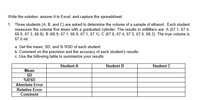 Write the solution, answer it in Excel, and capture the spreadsheet.
1. Three students (A, B, and C) are asked to determine the volume of a sample of ethanol. Each student
measures the volume five times with a graduated cylinder. The results in milliters are: A (67.1, 67.4,
66.9, 67.3, 66.8), B (66.9, 67.1, 66.9, 67.1, 67.1), C (67.6, 67.4, 67.5, 67.6, 68.3). The true volume is
67.0 ml.
a. Get the mean, SD, and % RSD of each student
b. Comment on the precision and the accuracy of each student's results.
c. Use the following table to summarize your results.
Student A
Student B
Student C
Mean
SD
%RSD
Absolute Error
Relative Error
Comment
