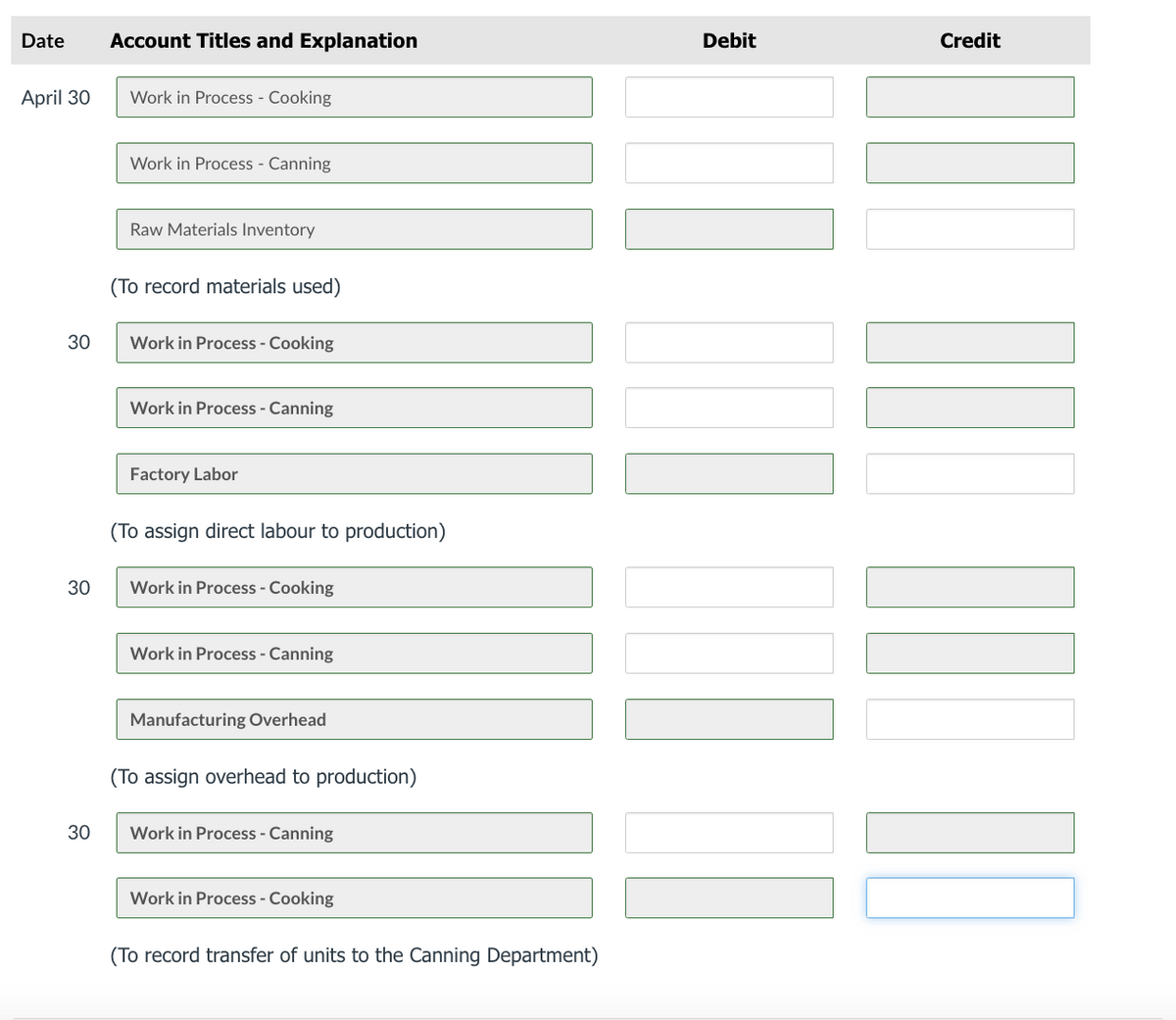 Date
Account Titles and Explanation
Debit
Credit
April 30
Work in Process - Cooking
Work in Process - Canning
Raw Materials Inventory
(To record materials used)
30
Work in Process - Cooking
Work in Process - Canning
Factory Labor
(To assign direct labour to production)
30
Work in Process - Cooking
Work in Process - Canning
Manufacturing Overhead
(To assign overhead to production)
30
Work in Process - Canning
Work in Process - Cooking
(To record transfer of units to the Canning Department)
