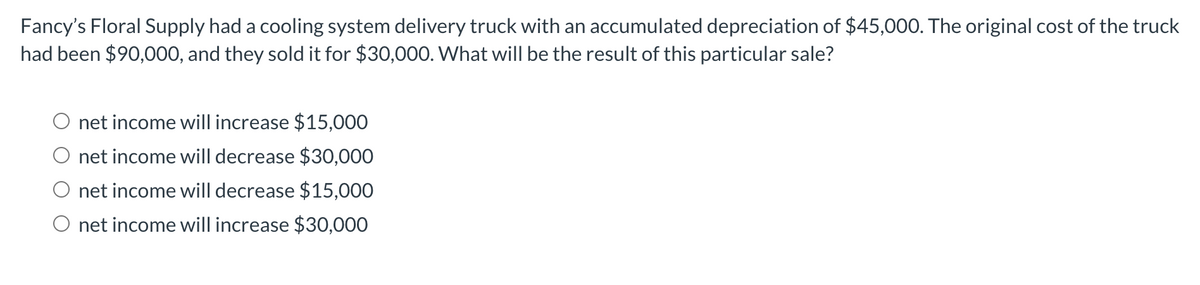 Fancy's Floral Supply had a cooling system delivery truck with an accumulated depreciation of $45,000. The original cost of the truck
had been $90,000, and they sold it for $30,000. What will be the result of this particular sale?
net income will increase $15,000
net income will decrease $30,000
net income will decrease $15,000
O net income will increase $30,000
