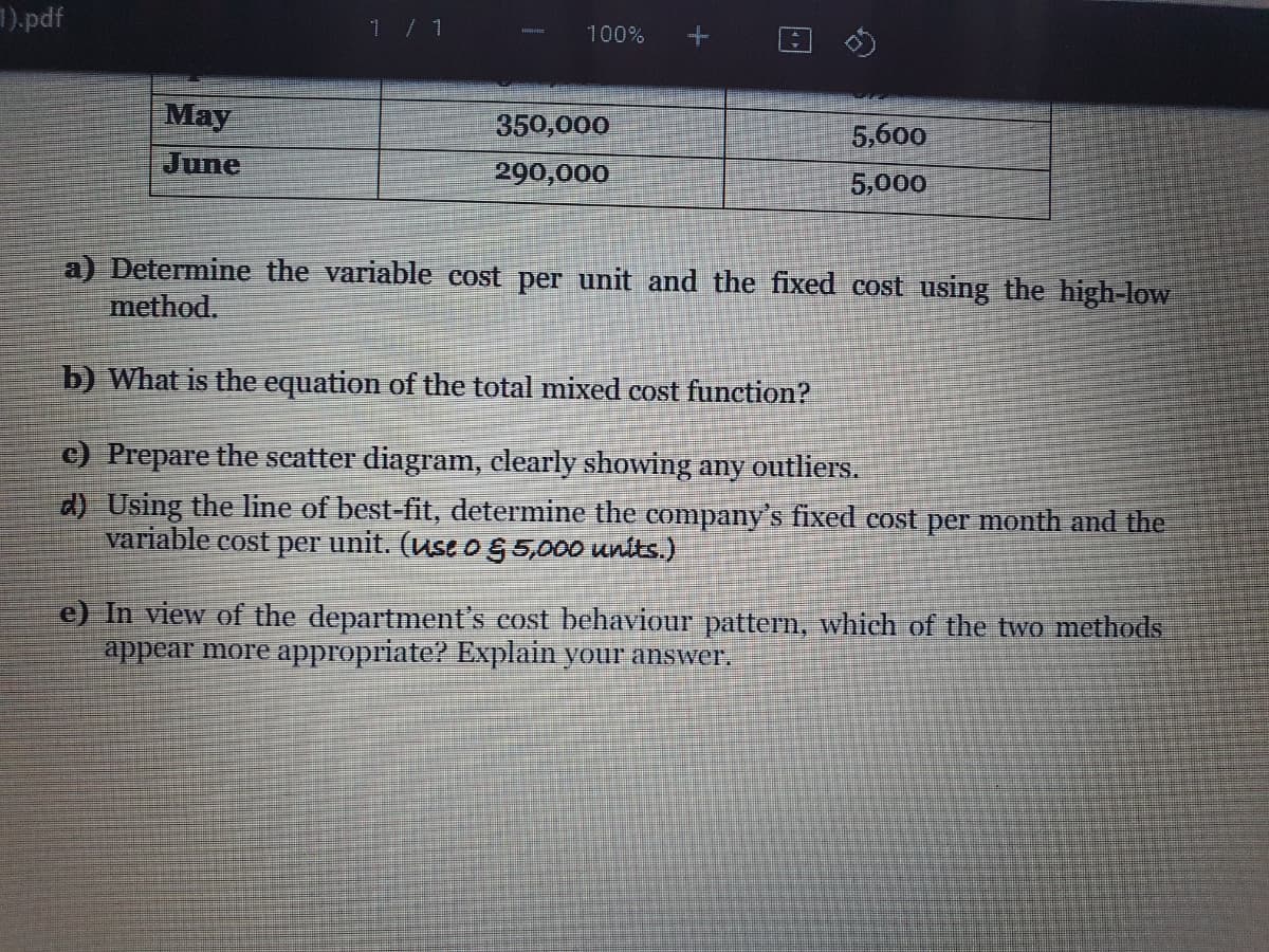 1).pdf
1/ 1
100%
May
350,000
5,600
June
290,000
5,000
a) Determine the variable cost per unit and the fixed cost using the high-low
method.
b) What is the equation of the total mixed cost function?
c) Prepare the seatter diagram, clearly showing any outliers.
d) Using the line of best-fit, determine the company's fixed cost per month and the
variable cost per unit. (use o § 5,000 units.)
e) In view of the department's cost behaviour pattern, which of the two methods
appear more appropriate? Explain your answer.

