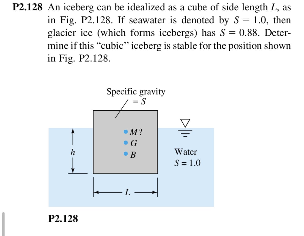 P2.128 An iceberg can be idealized as a cube of side length L, as
in Fig. P2.128. If seawater is denoted by S = 1.0, then
glacier ice (which forms icebergs) has S = 0.88. Deter-
mine if this "cubic" iceberg is stable for the position shown
in Fig. P2.128.
Specific gravity
М?
В
Water
S = 1.0
L
P2.128
