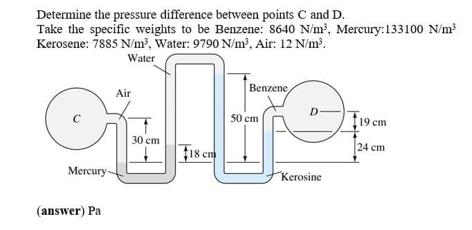 Determine the pressure difference between points C and D.
Take the specific weights to be Benzene: 8640 N/m?, Mercury:133100 N/m?
Kerosene: 7885 N/m³, Water: 9790 N/m², Air: 12 N/m³.
Water
Benzene,
Air
D
C
50 cm
19 cm
30 cm
18 cm
24 cm
ст
Mercury-
Kerosine
(answer) Pa
