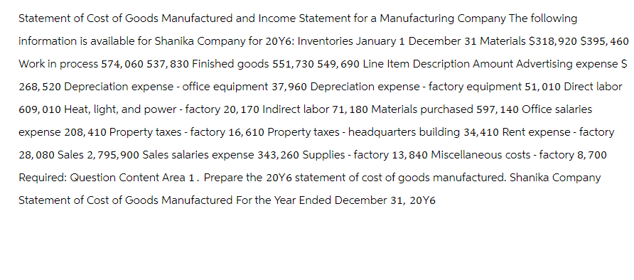 Statement of Cost of Goods Manufactured and Income Statement for a Manufacturing Company The following
information is available for Shanika Company for 20Y6: Inventories January 1 December 31 Materials $318,920 $395,460
Work in process 574,060 537,830 Finished goods 551,730 549, 690 Line Item Description Amount Advertising expense $
268,520 Depreciation expense - office equipment 37,960 Depreciation expense - factory equipment 51, 010 Direct labor
609, 010 Heat, light, and power - factory 20, 170 Indirect labor 71,180 Materials purchased 597, 140 Office salaries
expense 208, 410 Property taxes - factory 16, 610 Property taxes - headquarters building 34,410 Rent expense - factory
28,080 Sales 2, 795,900 Sales salaries expense 343,260 Supplies - factory 13,840 Miscellaneous costs - factory 8, 700
Required: Question Content Area 1. Prepare the 20Y6 statement of cost of goods manufactured. Shanika Company
Statement of Cost of Goods Manufactured For the Year Ended December 31, 20Y6