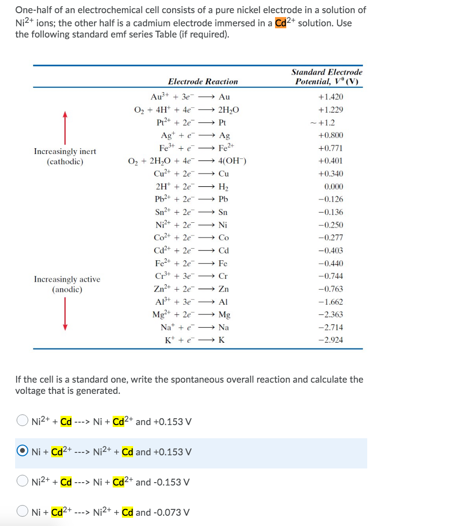 One-half of an electrochemical cell consists of a pure nickel electrode in a solution of
Ni2+ ions; the other half is a cadmium electrode immersed in a Cd2+ solution. Use
the following standard emf series Table (if required).
Standard Electrode
Electrode Reaction
Potential, V" (V)
Au³+ + 3e → Au
+1.420
O2 + 4H+ + 4e
Pr2+ + 2e
2H2O
+1.229
Pt
-+1.2
Ag+ + e
Fe+ + e
→ Ag
Fe2+
+0.800
+0.771
Increasingly inert
(cathodic)
O2 + 2H,O + 4e
Cu²+ + 2e
4(OH)
+0.401
Cu
+0.340
2H* + 2e
Pb2+ + 2e
H2
0.000
Pb
-0.126
Sn2+ + 2e
Sn
-0.136
Ni2+ + 2e
Ni
-0.250
Co2+ + 2e
Cd²+ + 2e
Fe+ + 2e
Co
-0.277
Cd
-0.403
Fe
-0.440
Cr+ + 3e
Cr
-0.744
Increasingly active
(anodic)
Zn2+ + 2e¯
Zn
-0.763
AF+ + 3e
Al
-1.662
Mg²+ + 2e
Mg
-2.363
Na+ + e –→ Na
-2.714
K* + e -→ K
-2.924
If the cell is a standard one, write the spontaneous overall reaction and calculate the
voltage that is generated.
Ni2+ + Cd ---> Ni + Cd2+ and +0.153 V
Ni + Cd2+ ---> Ni2+ + Cd and +0.153 V
Ni2+ + Cd ---> Ni + Cd2+ and -0.153 V
Ni + Cd2+
Ni2+ + Cd and -0.073 V
--->
