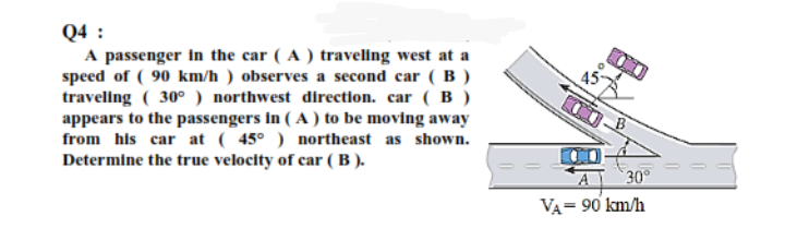Q4 :
A passenger in the car ( A ) traveling west at a
speed of ( 90 km/h ) observes a second car ( B )
traveling ( 30° ) northwest direction. car ( B )
appears to the passengers in ( A ) to be moving away
from his car at ( 45° ) northeast as shown.
Determine the true velocity of car ( B ).
45
A
30°
VA= 90 km/h

