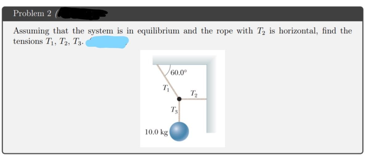 Problem 2
Assuming that the system is in equilibrium and the rope with T is horizontal, find the
tensions T1, T2, T3.
60.0°
T
T3
10.0 kg
