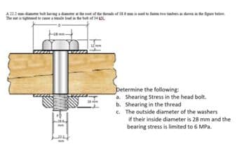 A d angd et f e dead of nt tatm e eee figur beden
Determine the following:
a. Shearing Stress in the head bolt.
b. Shearing in the thread
c. The outside diameter of the washers
if their inside diameter is 28 mm and the
bearing stress is limited to 6 MPa.
