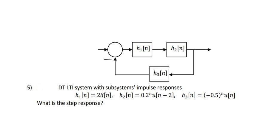 h1[n]
→ h2[n]
hz[n]+
DT LTI system with subsystems' impulse responses
h[n] = 28[n], h2[n] = 0.2"u[n – 2], hz[n] = (-0.5)"u[n]
5)
What is the step response?
