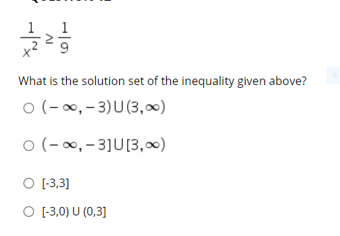 What is the solution set of the inequality given above?
O (- 0, - 3)U(3,0)
o (-0, - 3]U[3,00)
O [-3,3]
O (-3,0) U (0,3]
AI
