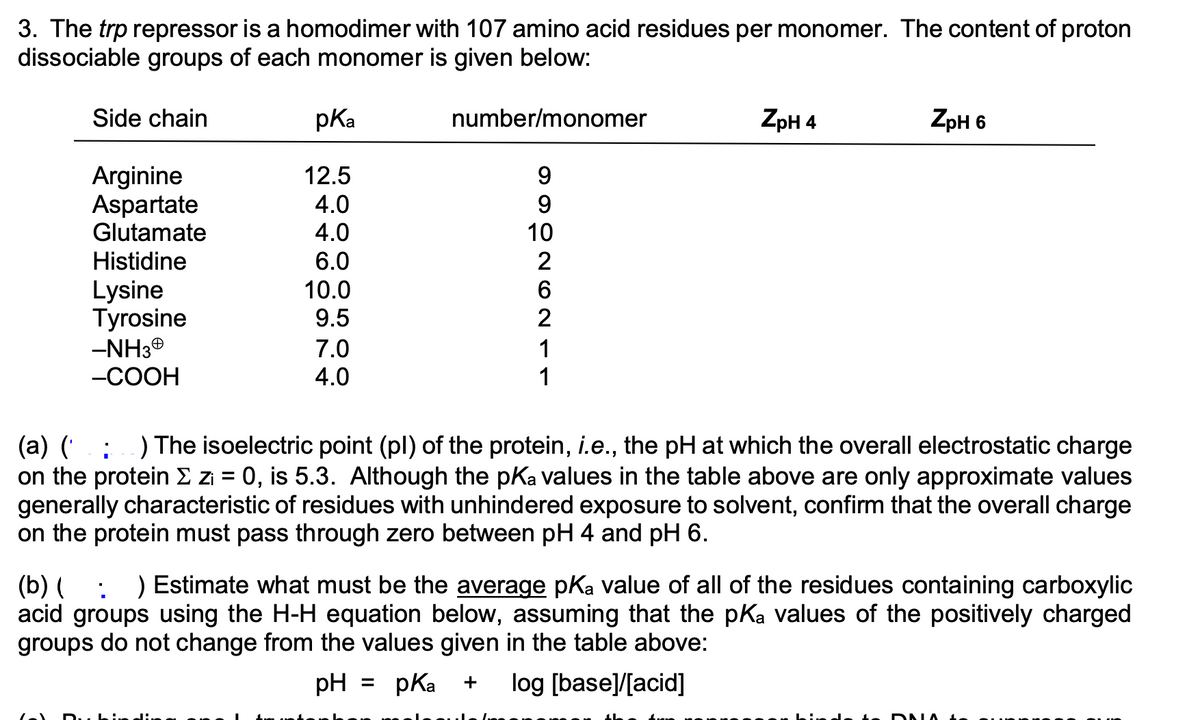 3. The trp repressor is a homodimer with 107 amino acid residues per monomer. The content of proton
dissociable groups of each monomer is given below:
Side chain
pKa
number/monomer
ZpH 4
ZpH 6
12.5
Arginine
Aspartate
Glutamate
9.
4.0
4.0
10
Histidine
6.0
2
Lysine
Tyrosine
-NH3®
10.0
6
9.5
2
7.0
1
-СООН
4.0
1
(a) ( : ) The isoelectric point (pl) of the protein, i.e., the pH at which the overall electrostatic charge
on the protein E z = 0, is 5.3. Although the pKa values in the table above are only approximate values
generally characteristic of residues with unhindered exposure to solvent, confirm that the overall charge
on the protein must pass through zero between pH 4 and pH 6.
) Estimate what must be the average pKa value of all of the residues containing carboxylic
(b) (
acid groups using the H-H equation below, assuming that the pka values of the positively charged
groups do not change from the values given in the table above:
pH
pKa
log [base]/[acid]
+
DNA te
