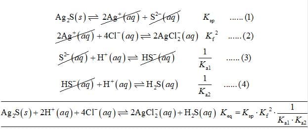 Ag S(s)= 2Ag-(ag) + s fag)
2Ag fag) + 4CI (aq)=2A9C1; (aq) K
(1)
(2)
......
s (aq) + H* (aq)= HS-(ág)
(3)
......
к,
al
HS-fag) +H* (aq)=H,S(aq)
..(4)
......
K2
Ag,S(s)+ 2H (aq) + 4C1 (aq) 2A9CI, (aq)+ H,S(aq) K =K K:
K K2

