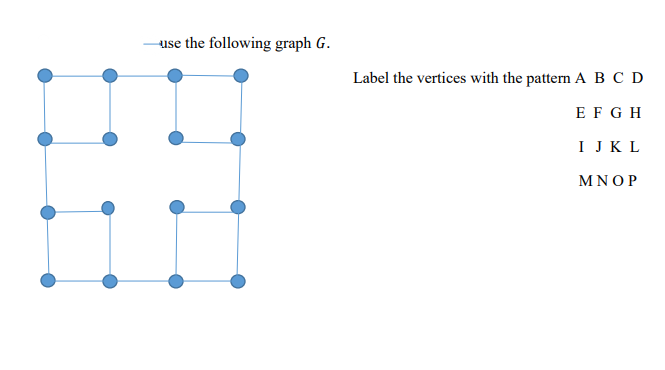 use the following graph G.
Label the vertices with the pattern A B C D
EF G H
I JKL
MNOP
