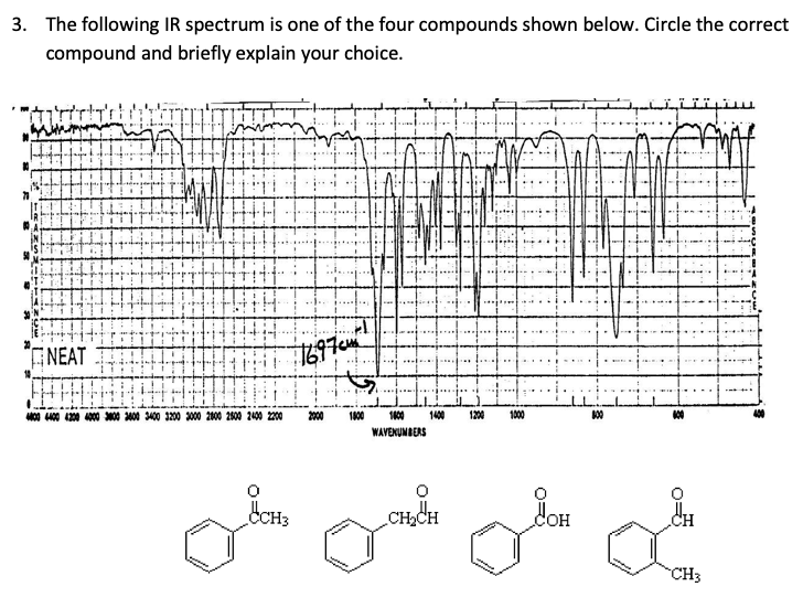 3. The following IR spectrum is one of the four compounds shown below. Circle the correct
compound and briefly explain your choice.
GNEAT
M0 00 400 4000 00 300 3400 3200 3000 200 200 2400 200
2000
1800
1400
1400
1200
1000
WAVEKUNBERS
CH3
CH,CH
COH
CH3
