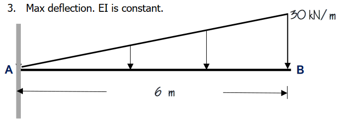 3. Max deflection. EI is constant.
130 kN/ m
A
6 m
