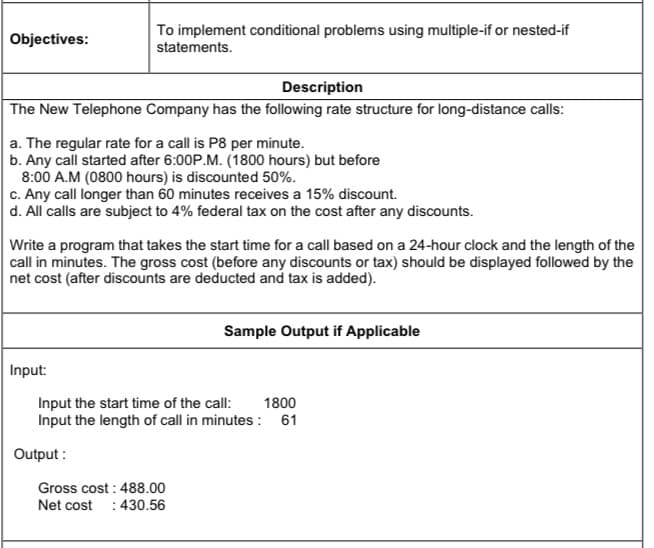 To implement conditional problems using multiple-if or nested-if
Objectives:
statements.
Description
The New Telephone Company has the following rate structure for long-distance calls:
a. The regular rate for a call is P8 per minute.
b. Any call started after 6:00P.M. (1800 hours) but before
8:00 A.M (0800 hours) is discounted 50%.
c. Any call longer than 60 minutes receives a 15% discount.
d. All calls are subject to 4% federal tax on the cost after any discounts.
Write a program that takes the start time for a call based on a 24-hour clock and the length of the
call in minutes. The gross cost (before any discounts or tax) should be displayed followed by the
net cost (after discounts are deducted and tax is added).
Sample Output if Applicable
Input:
Input the start time of the call:
Input the length of call in minutes : 61
1800
Output :
Gross cost : 488.00
Net cost : 430.56
