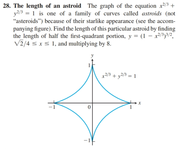 28. The length of an astroid The graph of the equation x2/3 +
y2/3 = 1 is one of a family of curves called astroids (not
"asteroids") because of their starlike appearance (see the accom-
panying figure). Find the length of this particular astroid by finding
the length of half the first-quadrant portion, y = (1 – x²/3)³/2,
V2/4 s x< 1, and multiplying by 8.
x2/3 + y2/3 = 1

