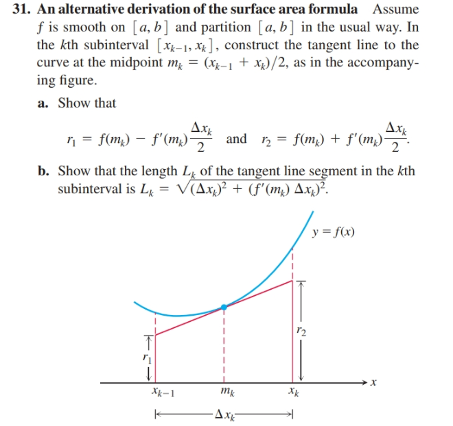 31. An alternative derivation of the surface area formula
Assume
f is smooth on [a, b] and partition [a, b] in the usual way. In
the kth subinterval [Xx-1, Xx], construct the tangent line to the
curve at the midpoint m = (xg-1 + xx)/2, as in the accompany-
ing figure.
a. Show that
Δx.
n = f(m;) – f'(m;) and n = f(m;) + f'(m;).
Δxε
b. Show that the length Lỵ of the tangent line segment in the kth
subinterval is Lį = V(Ax)² + (f"(m²) Ax4)².
y = f(x)
r2
х
Xk-1
тe
-Ax
