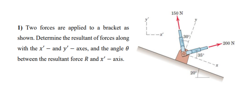 150 N
1) Two forces are applied to a bracket as
L.
shown. Determine the resultant of forces along
30
- 200 N
with the x' – and y' – axes, and the angle 0
35°
between the resultant force R and x' – axis.
20°

