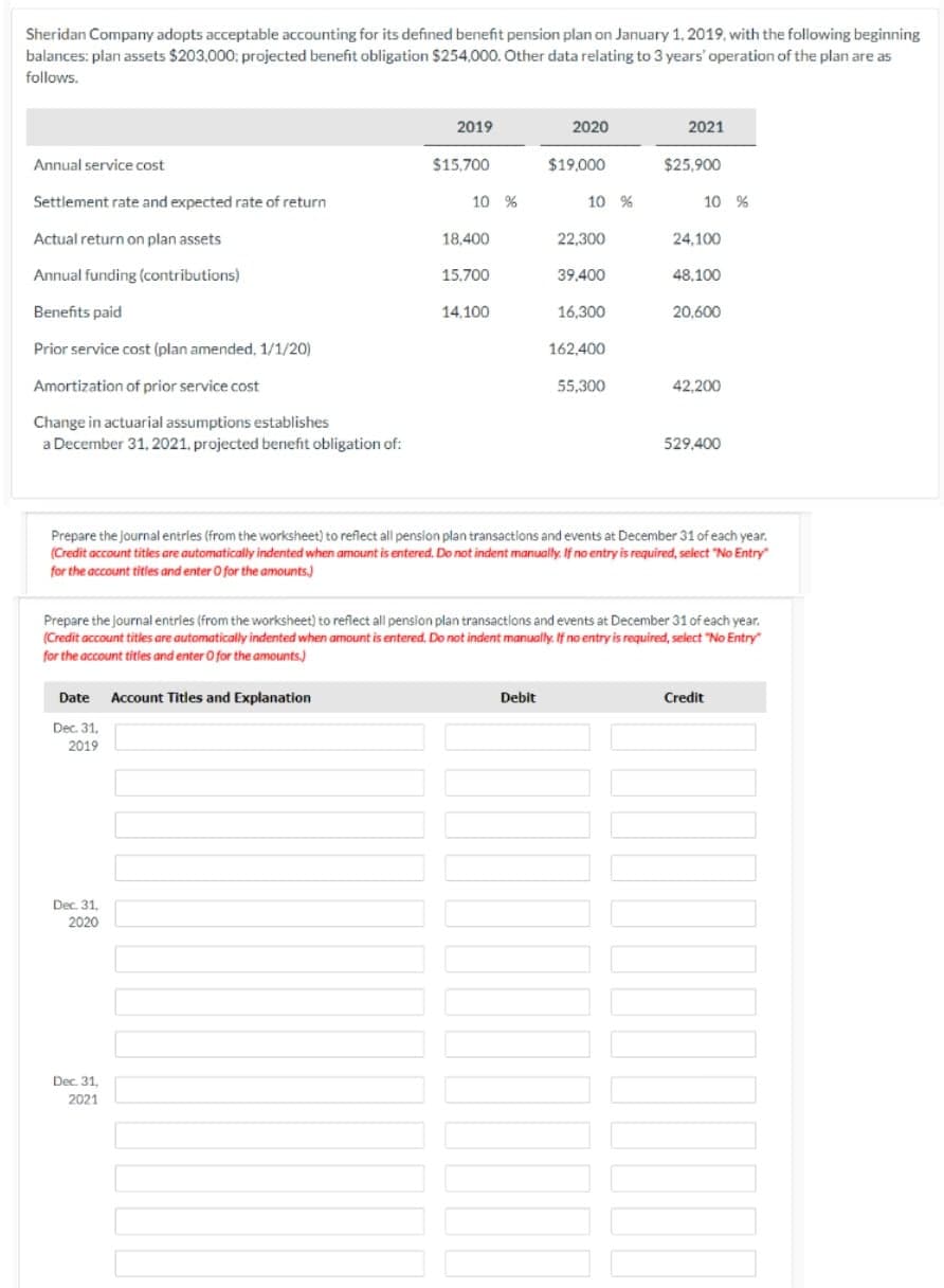 Sheridan Company adopts acceptable accounting for its defined benefit pension plan on January 1, 2019, with the following beginning
balances: plan assets $203,000; projected benefit obligation $254,000. Other data relating to 3 years' operation of the plan are as
follows.
2019
2020
2021
Annual service cost
$15,700
$19,000
$25,900
Settlement rate and expected rate of return
10 %
10 %
10 %
Actual return on plan assets
18,400
22,300
24,100
Annual funding (contributions)
15.700
39,400
48,100
Benefits paid
14,100
16,300
20,600
Prior service cost (plan amended, 1/1/20)
162,400
Amortization of prior service cost
55,300
42.200
Change in actuarial assumptions establishes
a December 31. 2021, projected benefit obligation of:
529,400
Prepare the Journal entries (from the worksheet) to reflect all pension plan transactions and events at December 31 of each year.
(Credit account titles are automatically indented when amount is entered. Do not indent manually. If no entry is required, select "No Entry
for the account titles and enter 0 for the amounts.)
Prepare the Journal entries (from the worksheet) to reflect all pension plan transactions and events at December 31 of each year.
(Credit account titles are automatically indented when amount is entered. Do not indent manually. If no entry is required, select "No Entry
for the account titles and enter O for the amounts.)
Date
Account Titles and Explanation
Debit
Credit
Dec. 31.
2019
Dec. 31
2020
Dec. 31.
2021
