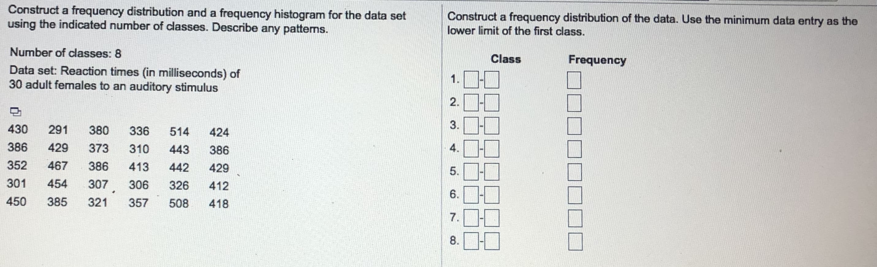 Construct a frequency distribution and a frequency histogram for the data set
using the indicated number of classes. Describe any pattems.
Construct a frequency distribution of the data. Use the minimum data entry as the
lower limit of the first class.
Number of classes: 8
Class
Frequency
Data set: Reaction times (in milliseconds) of
30 adult females to an auditory stimulus
1.
3.
430
291
380
336
514
424
386
429
373
310
443
386
352
467
386
413
429
442
5.
307,
301
454
306
326
412
6.
450
385
321
357
508
418
7.
8.
2.
4.
