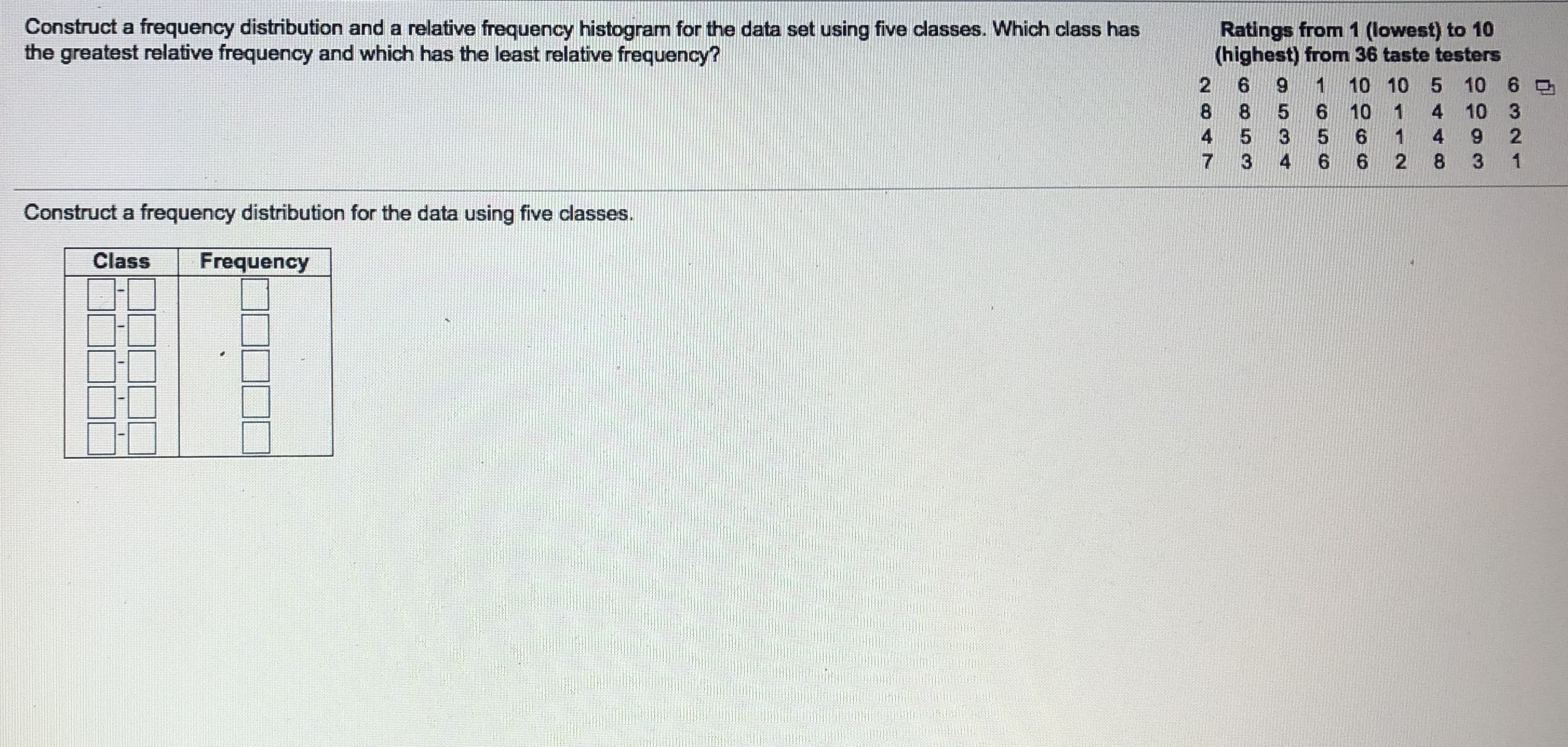 Construct a frequency distribution and a relative frequency histogram for the data set using five classes. Which class has
the greatest relative frequency and which has the least relative frequency?
Ratings from 1 (lowest) to 10
(highest) from 36 taste testers
9 1 10 10 5 10 6 O
6 10
8.
8.
4 10 3
4
4
3
Construct a frequency distribution for the data using five classes.
Frequency
Class
