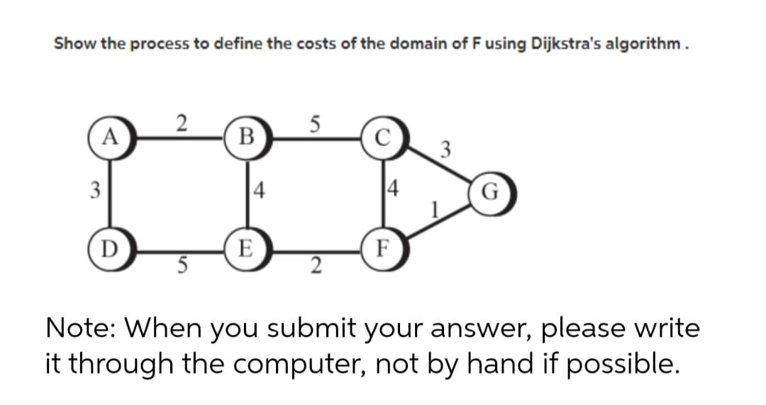 Show the process to define the costs of the domain of F using Dijkstra's algorithm.
A
B
5
3
3
4
D
E
F
Note: When you submit your answer, please write
it through the computer, not by hand if possible.
