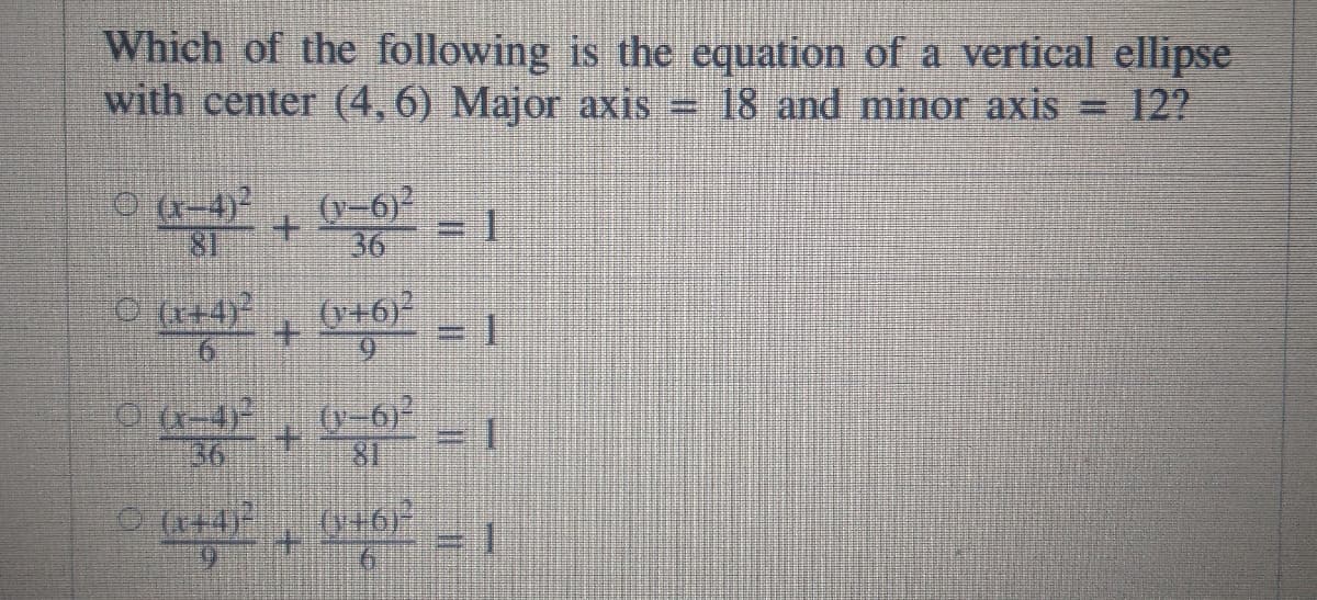 Which of the following is the equation of a vertical ellipse
with center (4,6) Major axis
18 and minor axis =
12?
O (x-4)
(v-6)
+.
一
81
36
9.
+.
6.
(V-6
81
36
O (14+4)-
