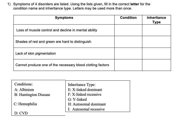 1) Symptoms of 4 disorders are listed. Using the lists given, fill in the correct letter for the
condition name and inheritance type. Letters may be used more than once.
Symptoms
Condition
Inheritance
Туре
Loss of muscle control and decline in mental ability
Shades of red and green are hard to distinguish
Lack of skin pigmentation
Cannot produce one of the necessary blood clotting factors
Conditions:
Inheritance Type:
A: Albinism
E: X-linked dominant
B: Huntington Disease
F: X-linked recessive
G: Y-linked
C: Hemophilia
H: Autosomal dominant
I: Autosomal recessive
D: CVD
