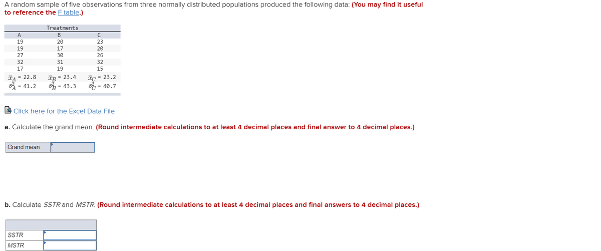 A random sample of five observations from three normally distributed populations produced the following data: (You may find it useful
to reference the F table.)
Treatments
A
В
19
20
23
19
17
20
27
30
26
32
31
32
17
19
15
TA = 22.8
S1= 41.2
Гв - 23.4
S = 43.3
Xc = 23.2
SE = 40.7
S Click here for the Excel Data File
a. Calculate the grand mean. (Round intermediate calculations to at least 4 decimal places and final answer to 4 decimal places.)
Grand mean
b. Calculate SSTR and MSTR. (Round intermediate calculations to at least 4 decimal places and final answers to 4 decimal places.)
SSTR
MSTR
