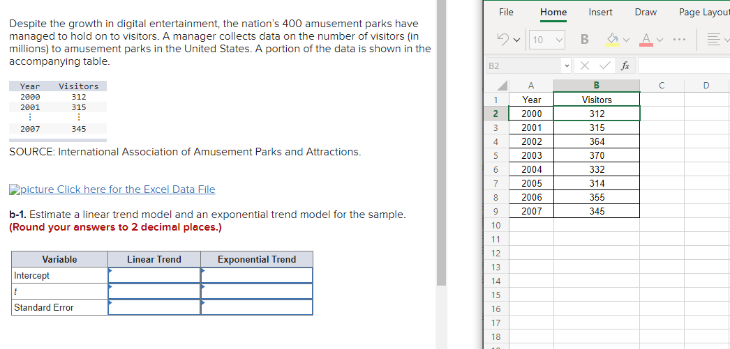 File
Home
Insert
Draw
Page Layout
Despite the growth in digital entertainment, the nation's 400 amusement parks have
managed to hold on to visitors. A manager collects data on the number of visitors (in
millions) to amusement parks in the United States. A portion of the data is shown in the
accompanying table.
10 v
...
v X v fx
B2
Year
Visitors
A
B
D
2000
312
1
Year
Visitors
2001
315
2
2000
312
2007
345
3
2001
315
4
2002
364
SOURCE: International Association of Amusement Parks and Attractions.
5
2003
370
6.
2004
332
7
2005
314
picture Click here for the Excel Data File
8
2006
355
9
2007
345
b-1. Estimate a linear trend model and an exponential trend model for the sample.
(Round your answers to 2 decimal places.)
10
11
12
Variable
Linear Trend
Exponential Trend
13
Intercept
14
15
Standard Error
16
17
18
