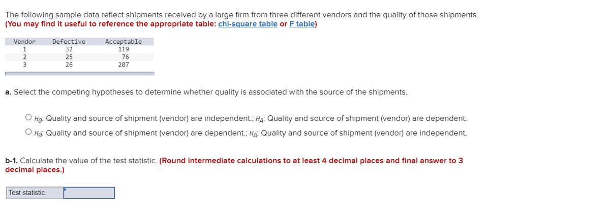The following sample data reflect shipments received by a large firm from three different vendors and the quality of those shipments.
(You may find it useful to reference the appropriate table: chi-square table or F table)
TTT
Vendor
Defective
Acceptable
1
32
119
2
25
76
3
26
207
a. Select the competing hypotheses to determine whether quality is associated with the source of the shipments.
O Hg: Quality and source of shipment (vendor) are independent.; Ha: Quality and source of shipment (vendor) are dependent.
O Họ: Quality and source of shipment (vendor) are dependent.; HA: Quality and source of shipment (vendor) are independent.
b-1. Calculate the value of the test statistic. (Round intermediate calculations to at least 4 decimal places and final answer to 3
decimal places.)
Test statistic

