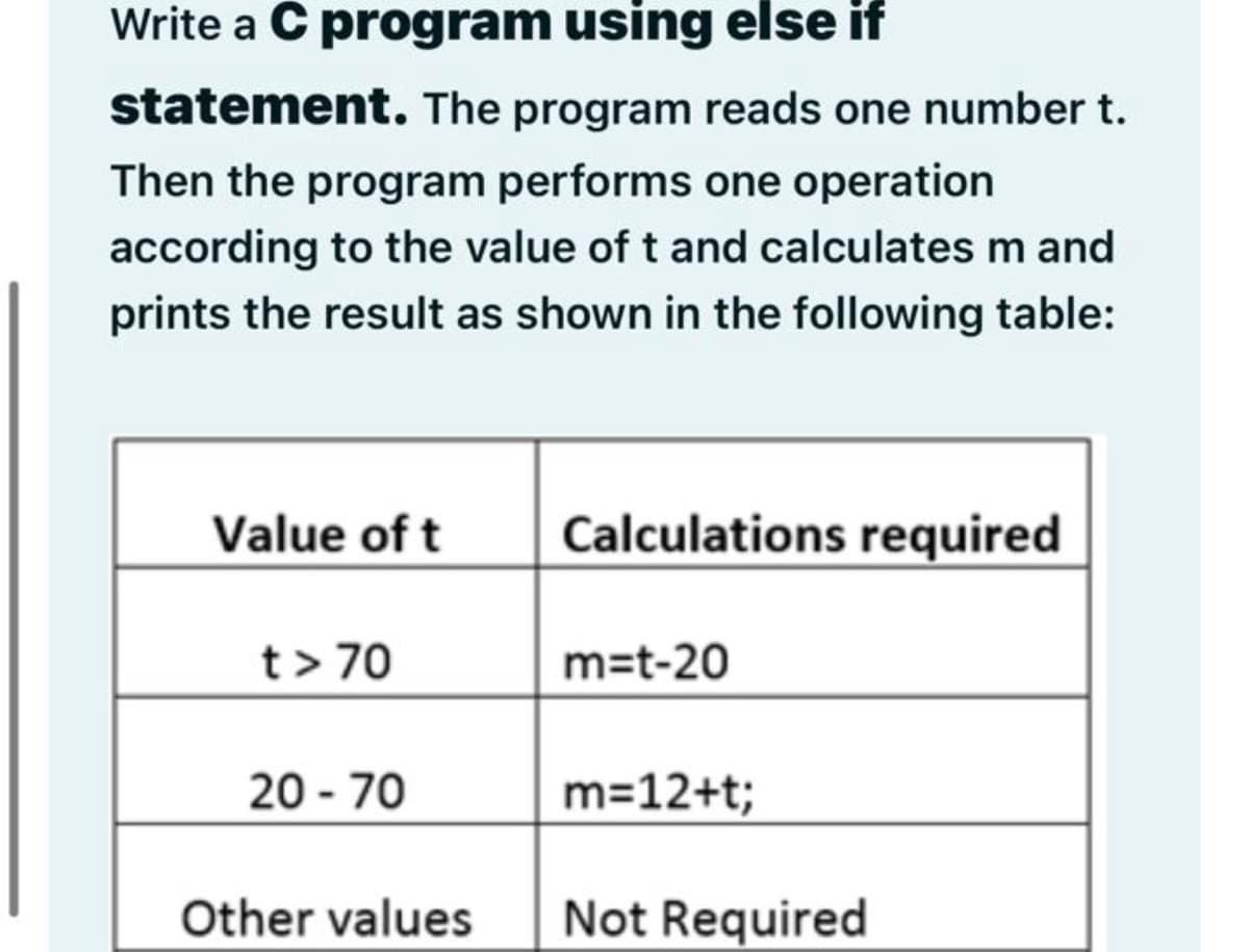 Write a C program using else if
statement. The program reads one number t.
Then the program performs one operation
according to the value of t and calculates m and
prints the result as shown in the following table:
Value of t
Calculations required
t> 70
m=t-20
20 - 70
m=12+t;
Other values
Not Required
