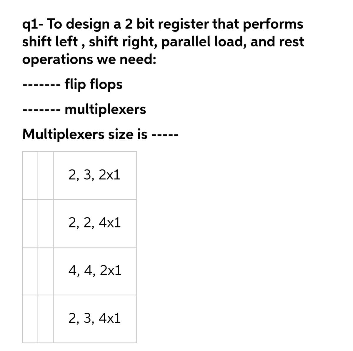 q1- To design a 2 bit register that performs
shift left , shift right, parallel load, and rest
operations we need:
flip flops
multiplexers
Multiplexers size is
2, 3, 2x1
2, 2, 4x1
4, 4, 2x1
2, 3, 4xх1
