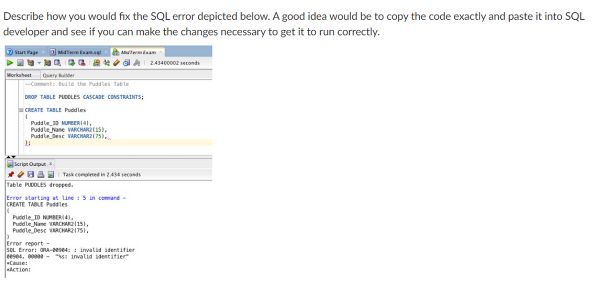 Describe how you would fix the SQL error depicted below. A good idea would be to copy the code exactly and paste it into SQL
developer and see if you can make the changes necessary to get it to run correctly.
2 Start Page
O MidTerm Exam.sql
A Mid Term Exam
a - E E / ö A | 2.43400002 seconds
Worksheet
Query Builder
:-Comment: Build the Puddles Table
DROP TABLE PUDDLES CASCADE CONSTRAINTS;
a CREATE TABLE Puddles
Puddle ID NUMBER(4),
Puddle Name VARCHAR2 (15),
Puddle Desc VARCHAR2 ( 75),
Script Output x
Task completed in 2.434 seconds
Table PUDDLES dropped.
Error starting at line :5 in command -
CREATE TABLE Puddles
Puddle_ID NUMBER (4),
Puddle Name VARCHAR2 (15),
Puddle Desc VARCHAR2 (75),
Error report -
SQL Error: 0RA-00904: : invalid identifier
00904. 00000 - "$s: invalid identifier"
+Cause:
*Action:
